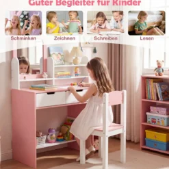 Schminktisch Kinder Frisiertisch mit Spiegel & Hocker Kosmetiktisch mit Regalen & 2 Schubladen Weiß