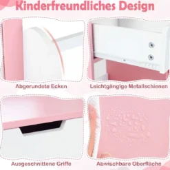 Schminktisch Kinder Frisiertisch mit Spiegel & Hocker Kosmetiktisch mit Regalen & 2 Schubladen Weiß
