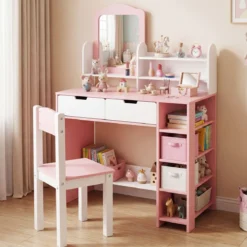 Schminktisch Kinder Frisiertisch mit Spiegel & Hocker Kosmetiktisch mit Regalen & 2 Schubladen Weiß