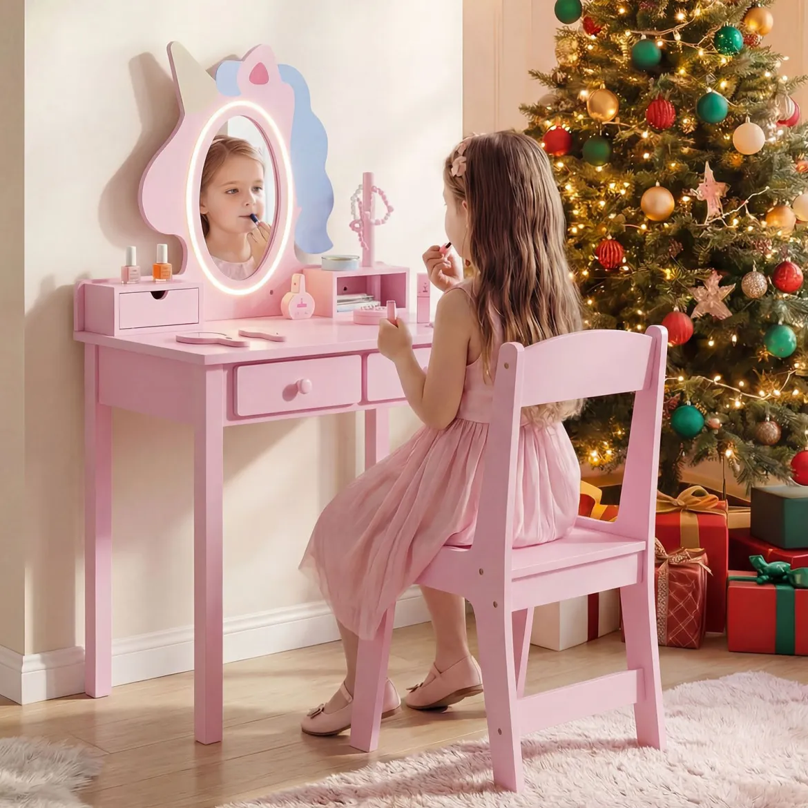 Schminktisch Kinder 2 in 1 Einhorn Frisiertisch mit abnehmbarem Spiegel & 2 Lichtfarben Rosa