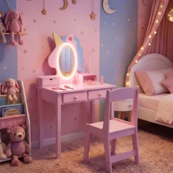 Schminktisch Kinder 2 in 1 Einhorn Frisiertisch mit abnehmbarem Spiegel & 2 Lichtfarben Rosa
