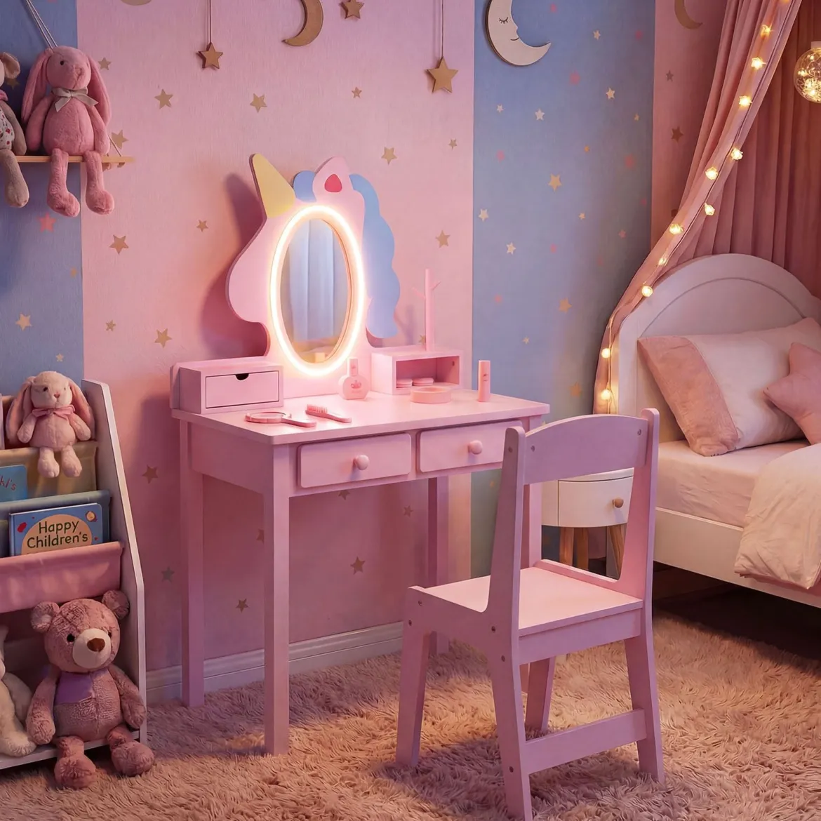Schminktisch Kinder 2 in 1 Einhorn Frisiertisch mit abnehmbarem Spiegel & 2 Lichtfarben Rosa