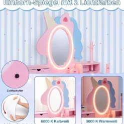 Schminktisch Kinder 2 in 1 Einhorn Frisiertisch mit abnehmbarem Spiegel & 2 Lichtfarben Rosa