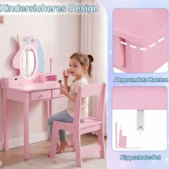 Schminktisch Kinder 2 in 1 Einhorn Frisiertisch mit abnehmbarem Spiegel & 2 Lichtfarben Rosa