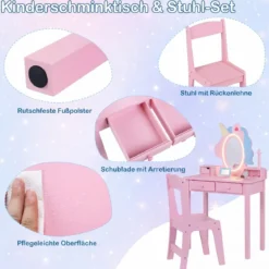 Schminktisch Kinder 2 in 1 Einhorn Frisiertisch mit abnehmbarem Spiegel & 2 Lichtfarben Rosa