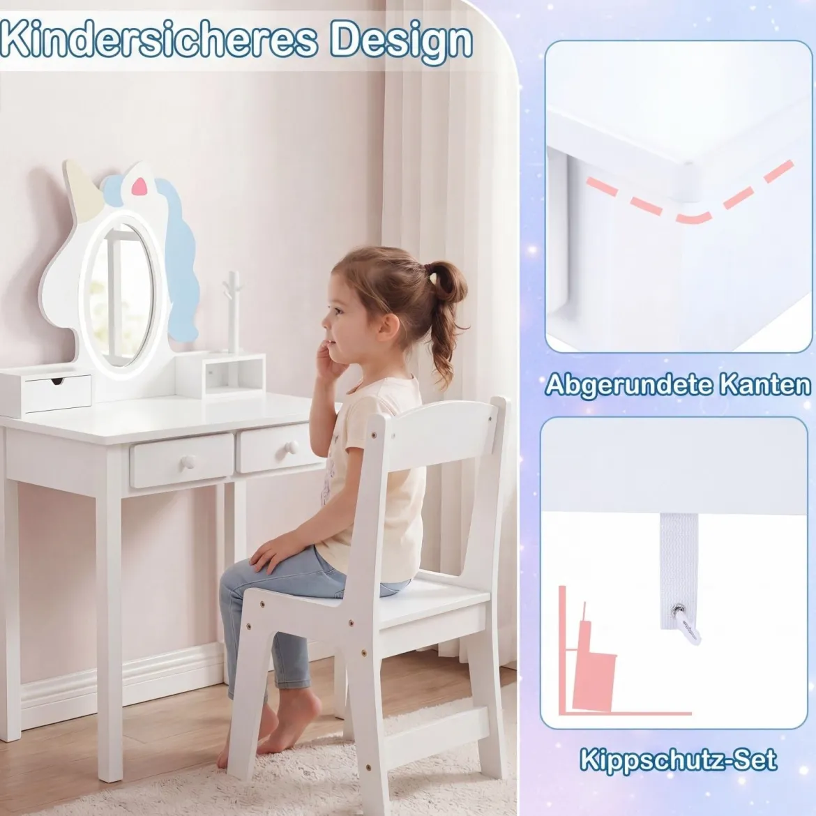 Schminktisch Kinder 2 in 1 Einhorn Frisiertisch mit abnehmbarem Spiegel & 2 Lichtfarben Weiß