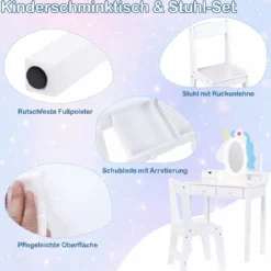 Schminktisch Kinder 2 in 1 Einhorn Frisiertisch mit abnehmbarem Spiegel & 2 Lichtfarben Weiß