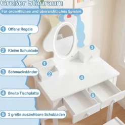 Schminktisch Kinder 2 in 1 Einhorn Frisiertisch mit abnehmbarem Spiegel & 2 Lichtfarben Weiß