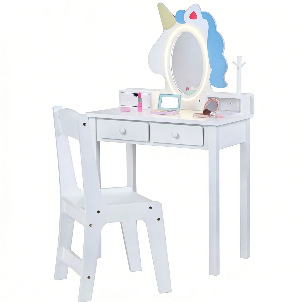 Schminktisch Kinder 2 in 1 Einhorn Frisiertisch mit abnehmbarem Spiegel & 2 Lichtfarben Weiß