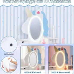 Schminktisch Kinder 2 in 1 Einhorn Frisiertisch mit abnehmbarem Spiegel & 2 Lichtfarben Weiß