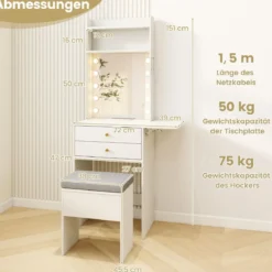 Schminktisch mit Beleuchtung Frisiertisch mit Ladestation Hocker mit Stauraum Weiß