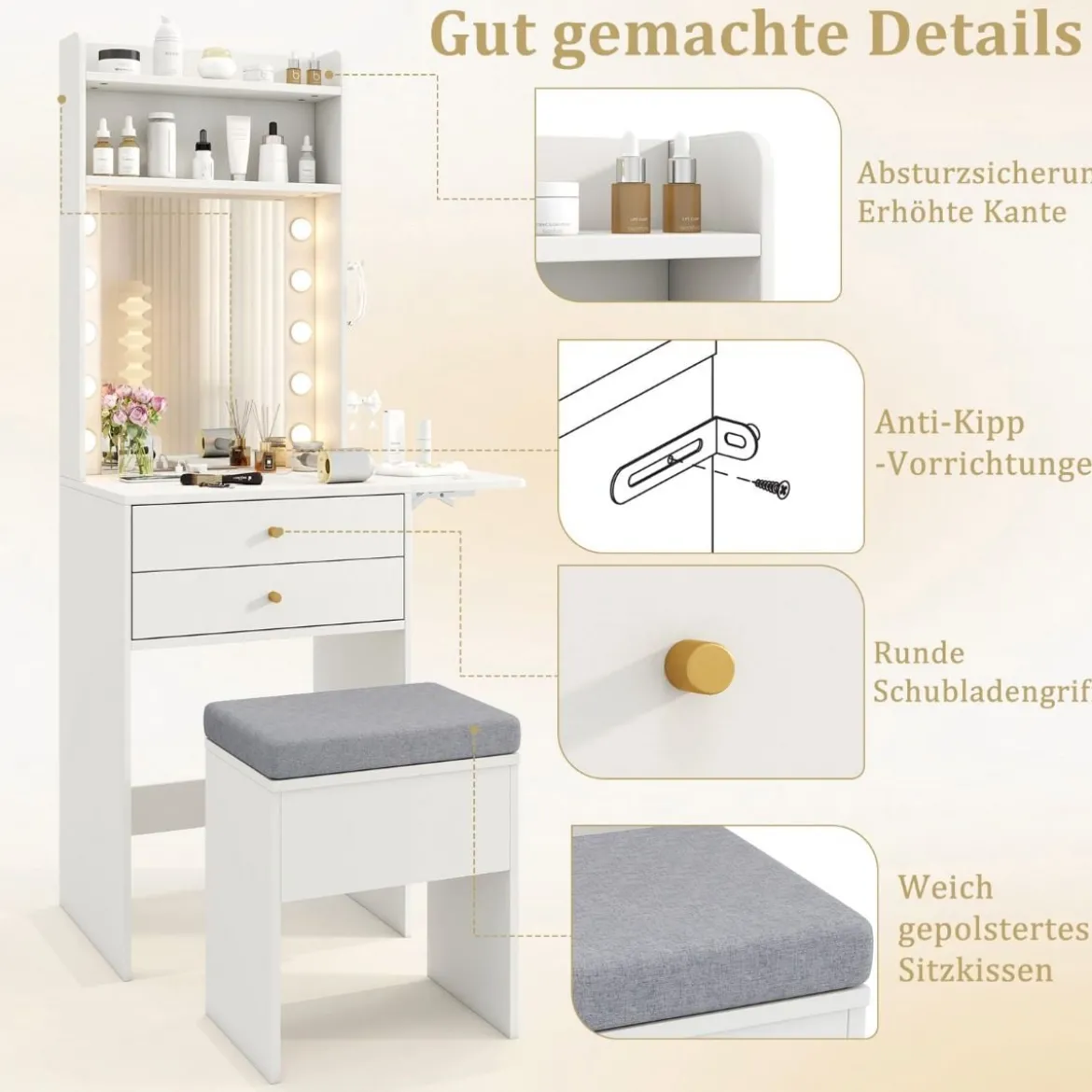 Schminktisch mit Beleuchtung Frisiertisch mit Ladestation Hocker mit Stauraum Weiß