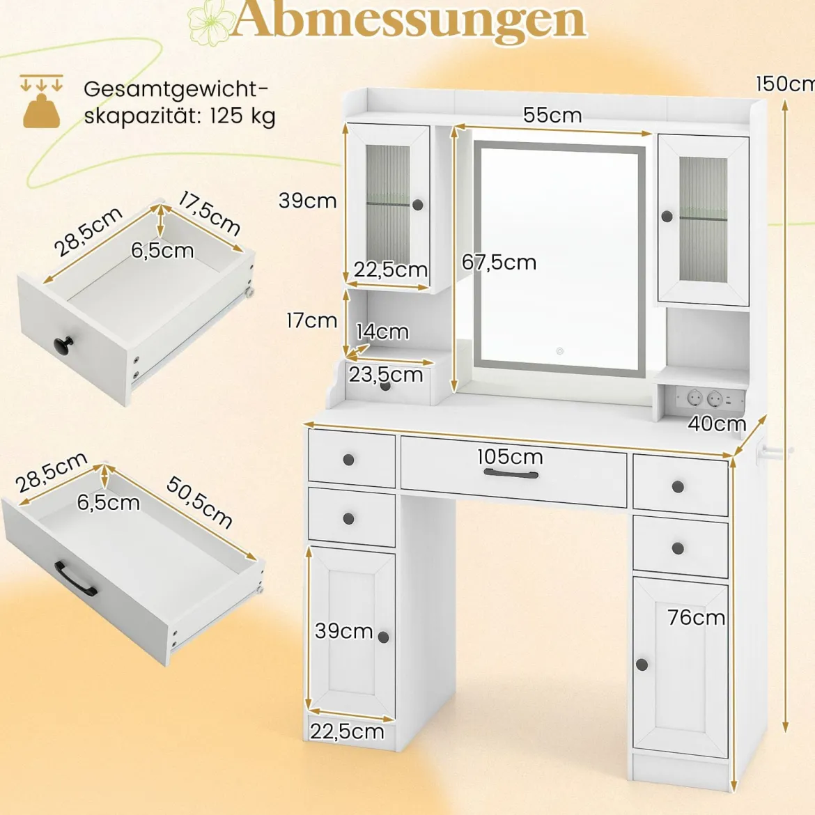 Schminktisch mit Beleuchtung & Spiegel & Steckdosen & Haartrocknerhalter Frisierisch