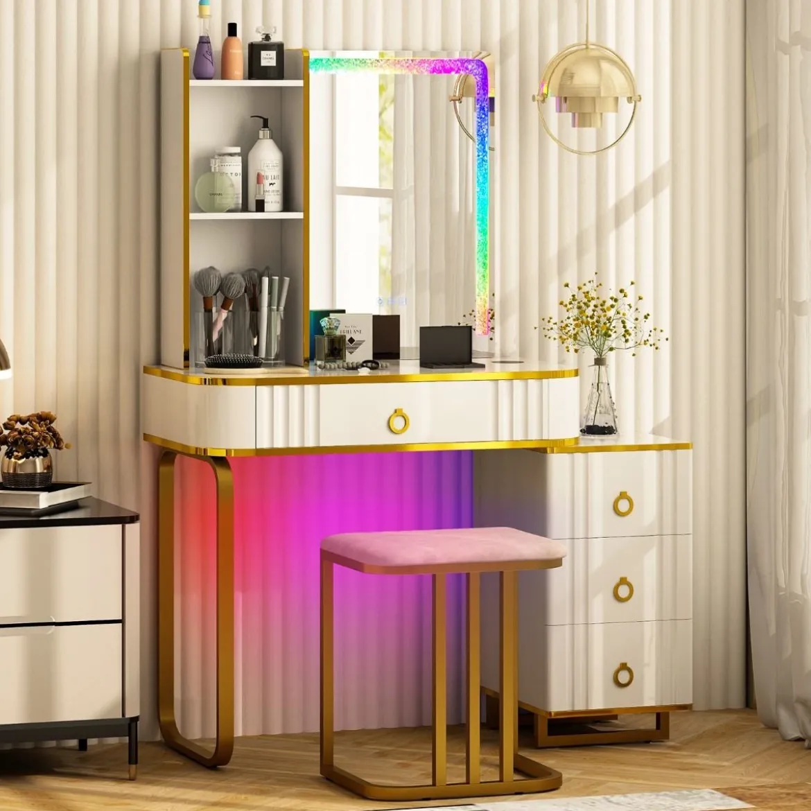 Schminktisch mit7 Dynamische & 7 Statischen Dimmbare LED-Beleuchtung Frisiertisch