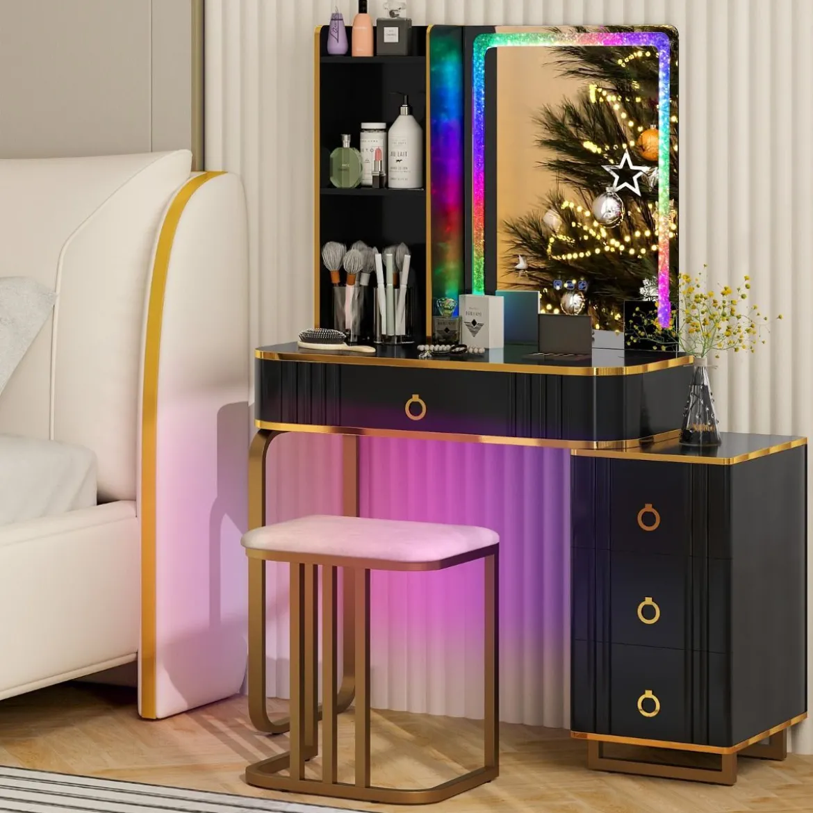 Schminktisch mit7 Dynamische & 7 Statischen Dimmbare LED-Beleuchtung Frisiertisch