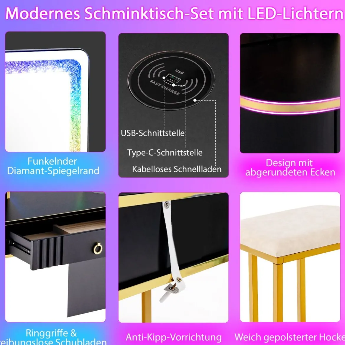 Schminktisch mit7 Dynamische & 7 Statischen Dimmbare LED-Beleuchtung Frisiertisch