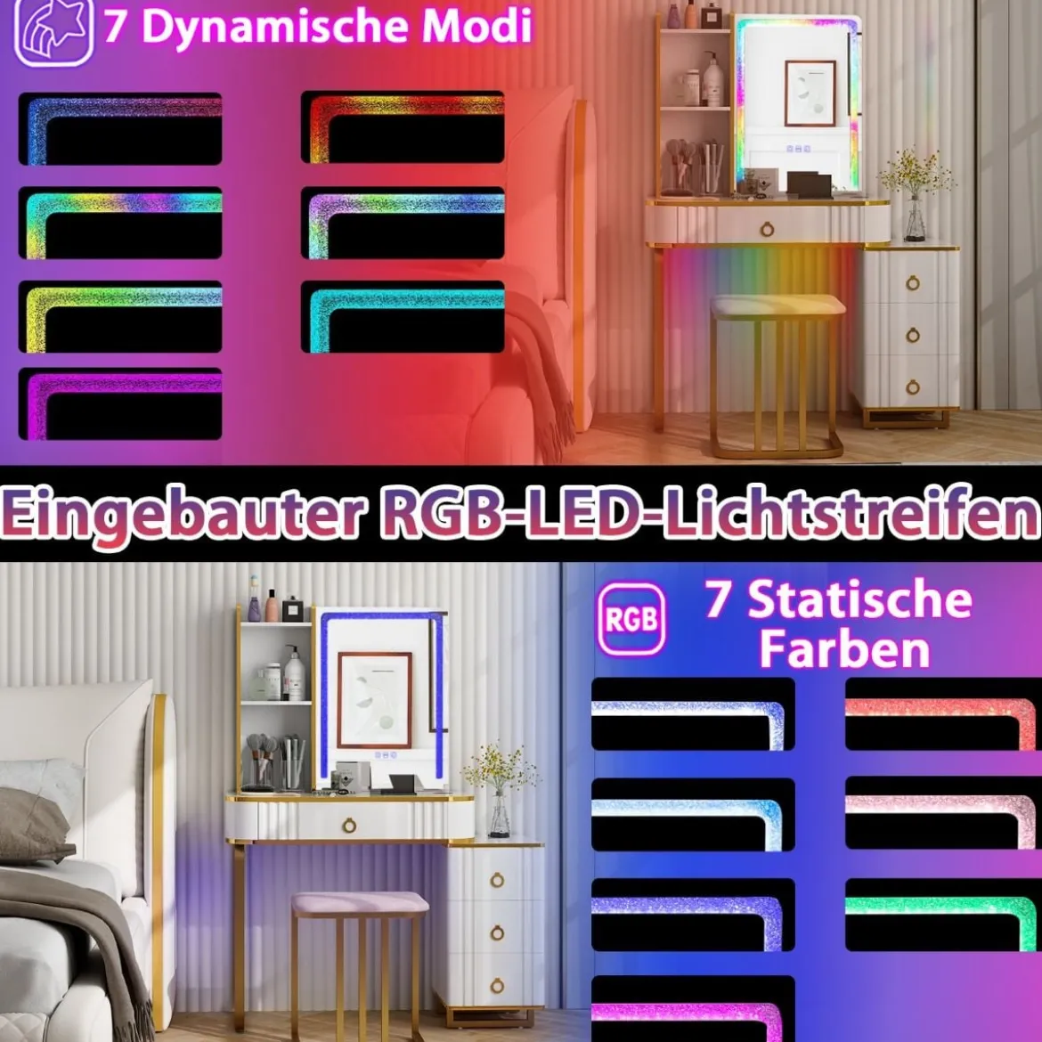 Schminktisch mit7 Dynamische & 7 Statischen Dimmbare LED-Beleuchtung Frisiertisch