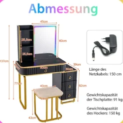Schminktisch mit7 Dynamische & 7 Statischen Dimmbare LED-Beleuchtung Frisiertisch
