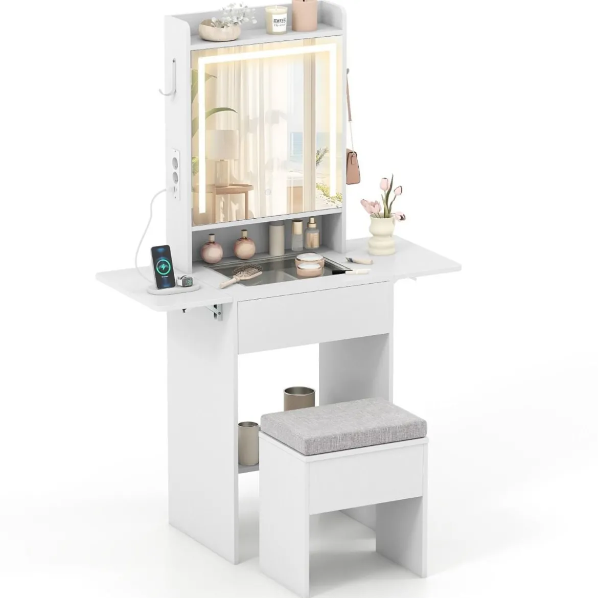 Schminktisch mit 3 Farbe LED Spiegel & Hocker & Steckdosen Frisiertisch Set Schmaler Kosmetiktisch