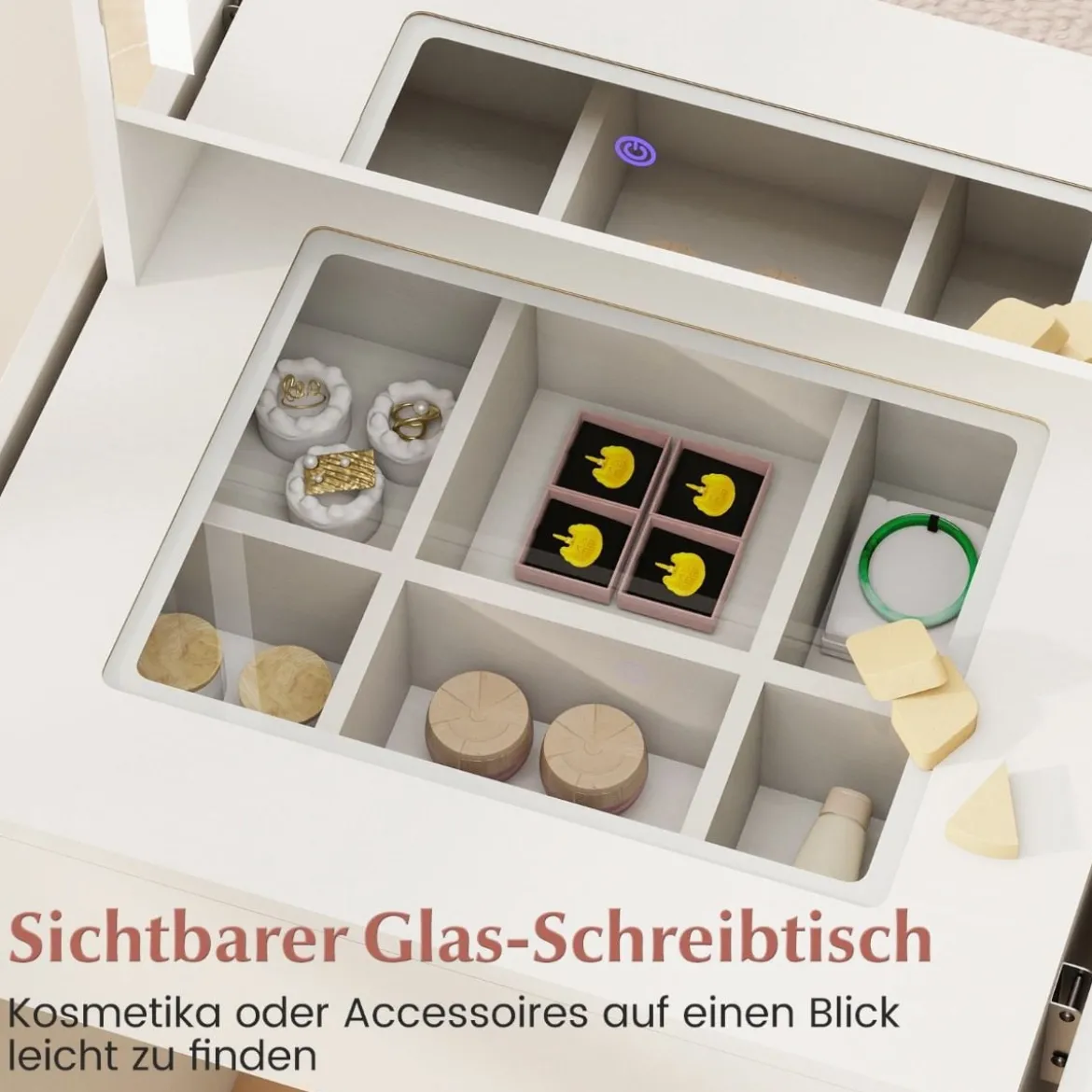 Schminktisch mit 3 Farbe LED Spiegel & Hocker & Steckdosen Frisiertisch Set Schmaler Kosmetiktisch