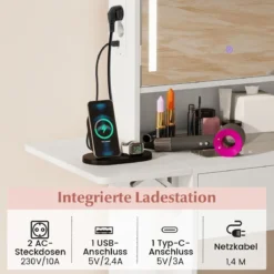 Schminktisch mit 3 Farbe LED Spiegel & Hocker & Steckdosen Frisiertisch Set Schmaler Kosmetiktisch