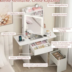 Schminktisch mit 3 Farbe LED Spiegel & Hocker & Steckdosen Frisiertisch Set Schmaler Kosmetiktisch