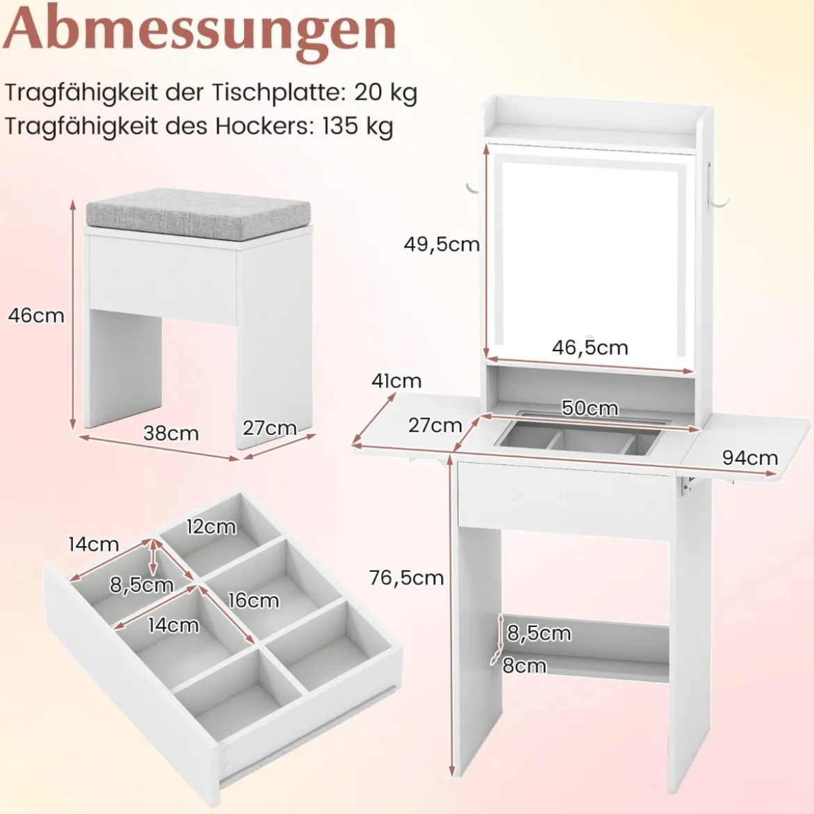 Schminktisch mit 3 Farbe LED Spiegel & Hocker & Steckdosen Frisiertisch Set Schmaler Kosmetiktisch