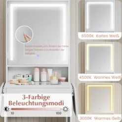 Schminktisch mit 3 Farbe LED Spiegel & Hocker & Steckdosen Frisiertisch Set Schmaler Kosmetiktisch