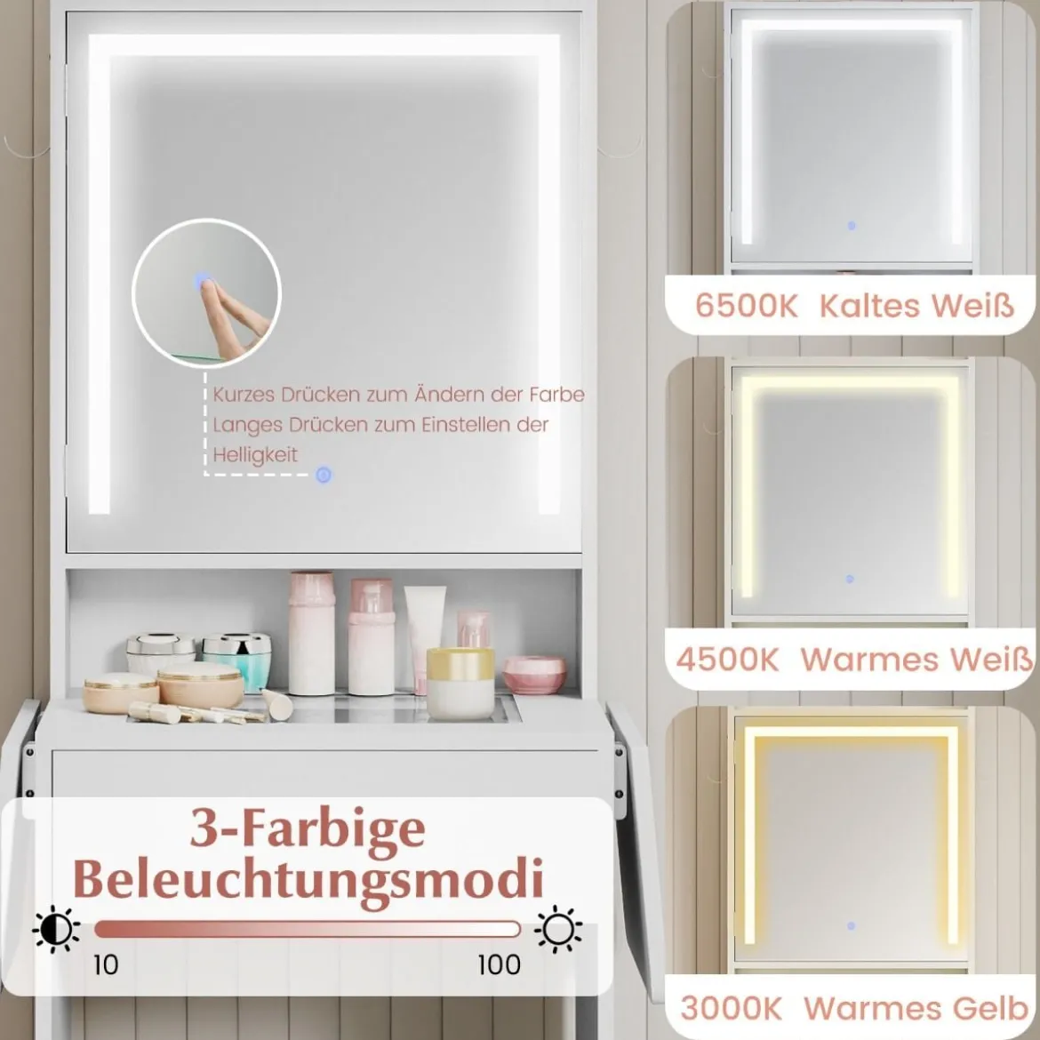 Schminktisch mit 3 Farbe LED Spiegel & Hocker & Steckdosen Frisiertisch Set Schmaler Kosmetiktisch