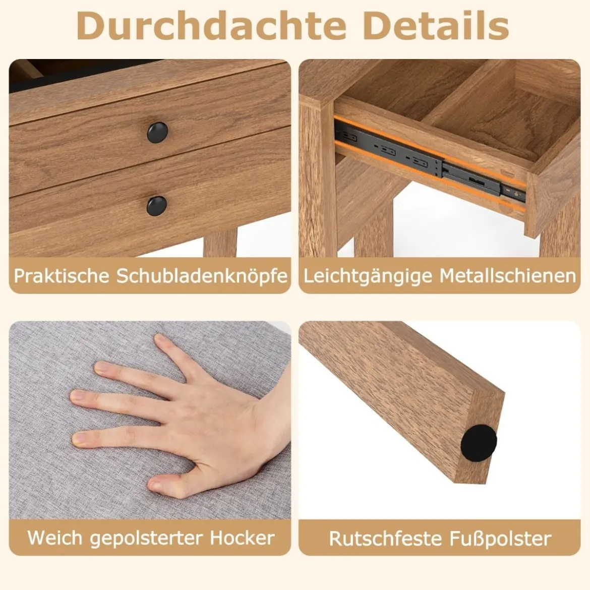Schminktisch mit Gepolsterter Hocker & Steckdosen & 3 Farbige LED Spiegel Kosmetiktisch
