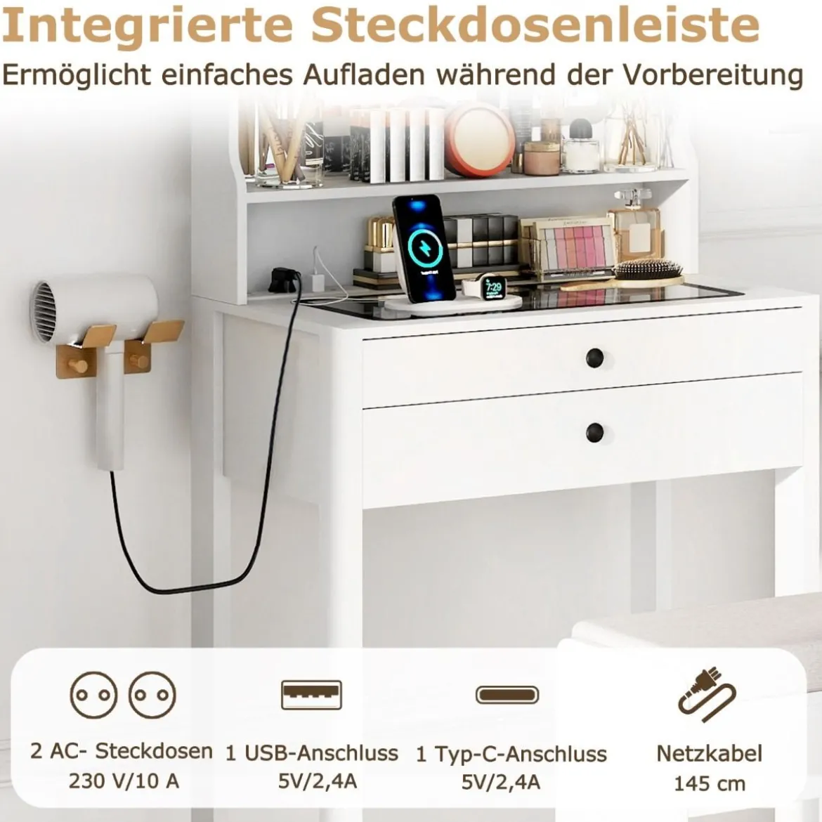 Schminktisch mit Gepolsterter Hocker & Steckdosen & 3 Farbige LED Spiegel Kosmetiktisch