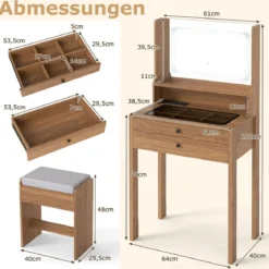 Schminktisch mit Gepolsterter Hocker & Steckdosen & 3 Farbige LED Spiegel Kosmetiktisch