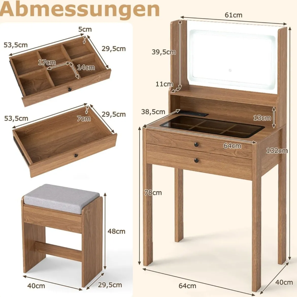 Schminktisch mit Gepolsterter Hocker & Steckdosen & 3 Farbige LED Spiegel Kosmetiktisch