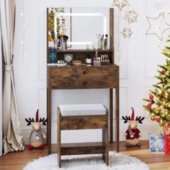Schminktisch mit Gepolsterter Hocker & Steckdosen & 3 Farbige LED Spiegel Kosmetiktisch