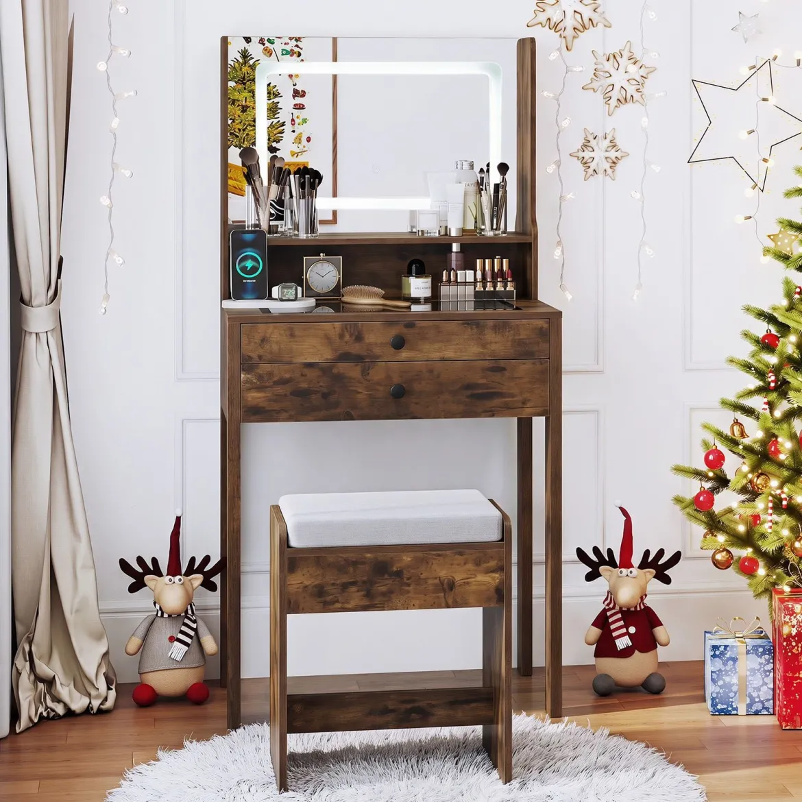 Schminktisch mit Gepolsterter Hocker & Steckdosen & 3 Farbige LED Spiegel Kosmetiktisch