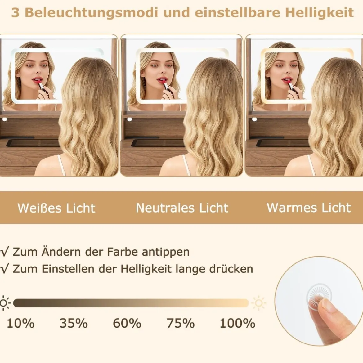 Schminktisch mit Gepolsterter Hocker & Steckdosen & 3 Farbige LED Spiegel Kosmetiktisch
