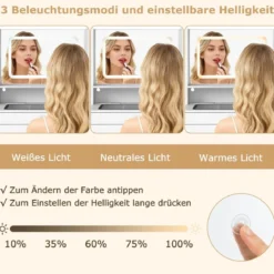 Schminktisch mit Gepolsterter Hocker & Steckdosen & 3 Farbige LED Spiegel Kosmetiktisch