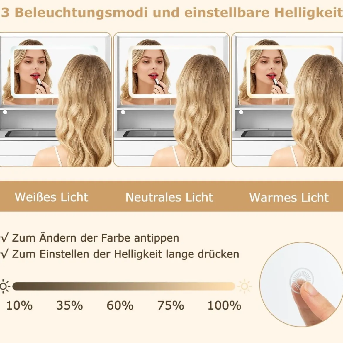 Schminktisch mit Gepolsterter Hocker & Steckdosen & 3 Farbige LED Spiegel Kosmetiktisch