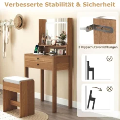 Schminktisch mit Gepolsterter Hocker & Steckdosen & 3 Farbige LED Spiegel Kosmetiktisch