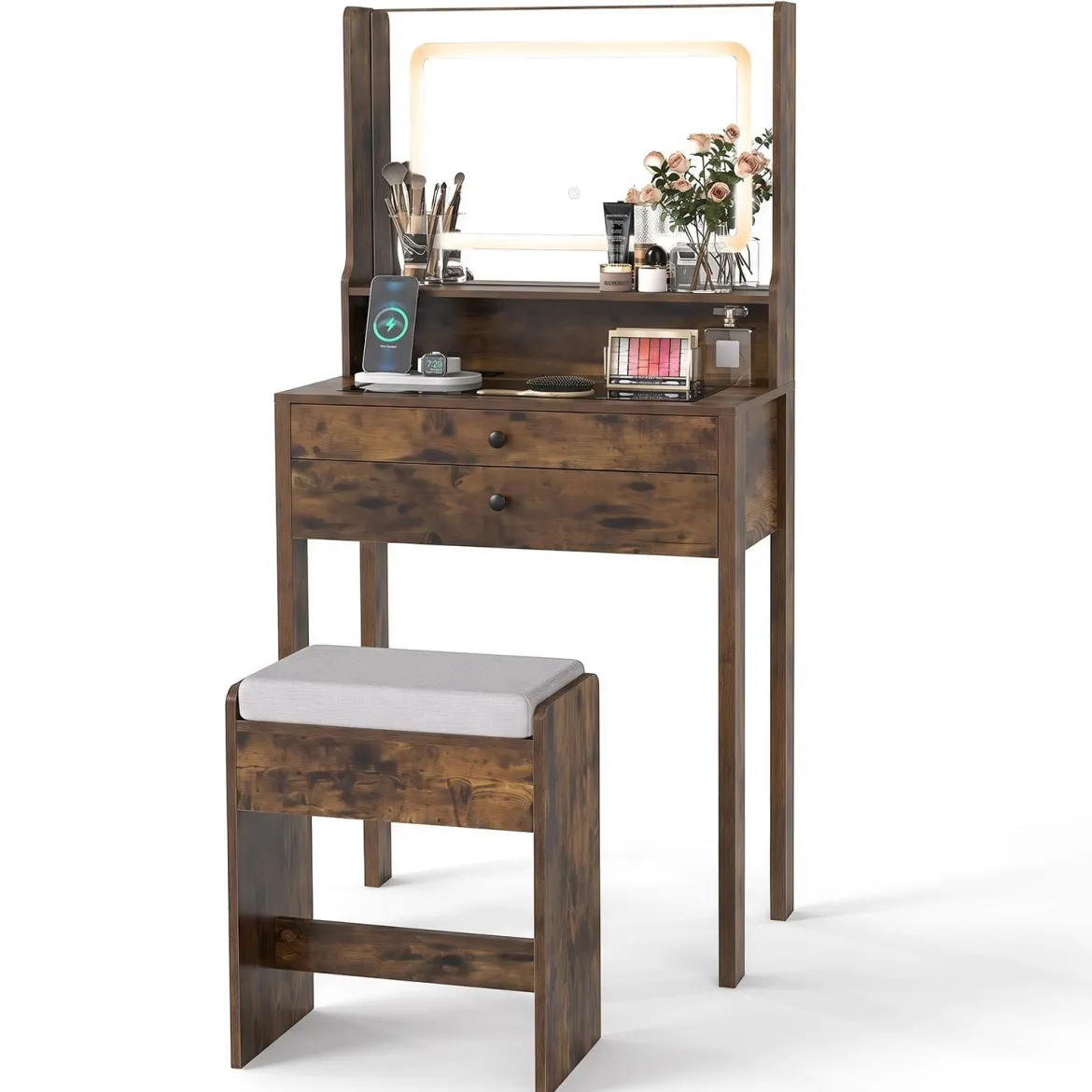 Schminktisch mit Gepolsterter Hocker & Steckdosen & 3 Farbige LED Spiegel Kosmetiktisch