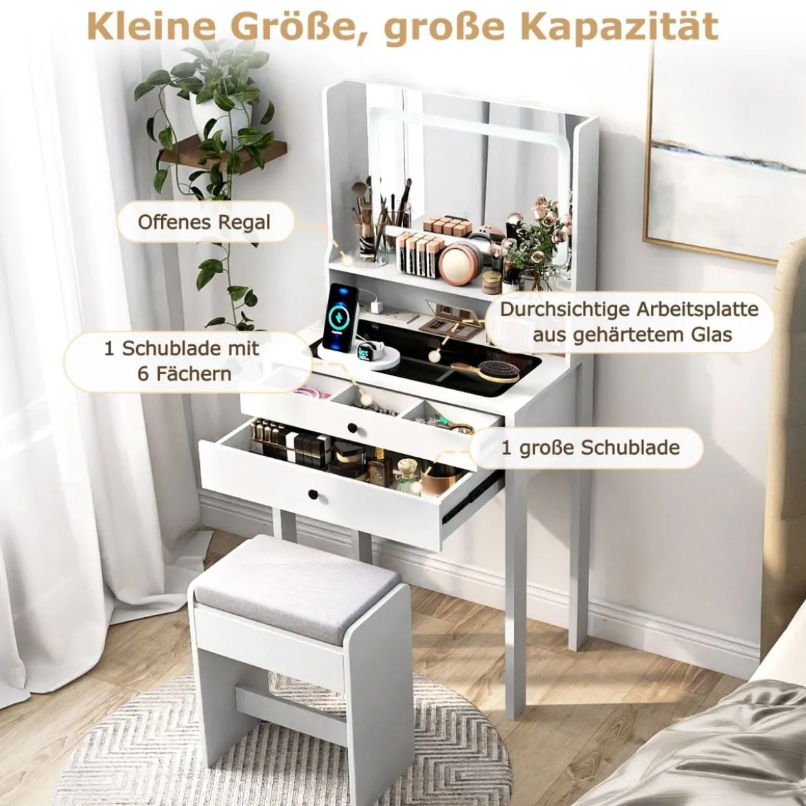 Schminktisch mit Gepolsterter Hocker & Steckdosen & 3 Farbige LED Spiegel Kosmetiktisch