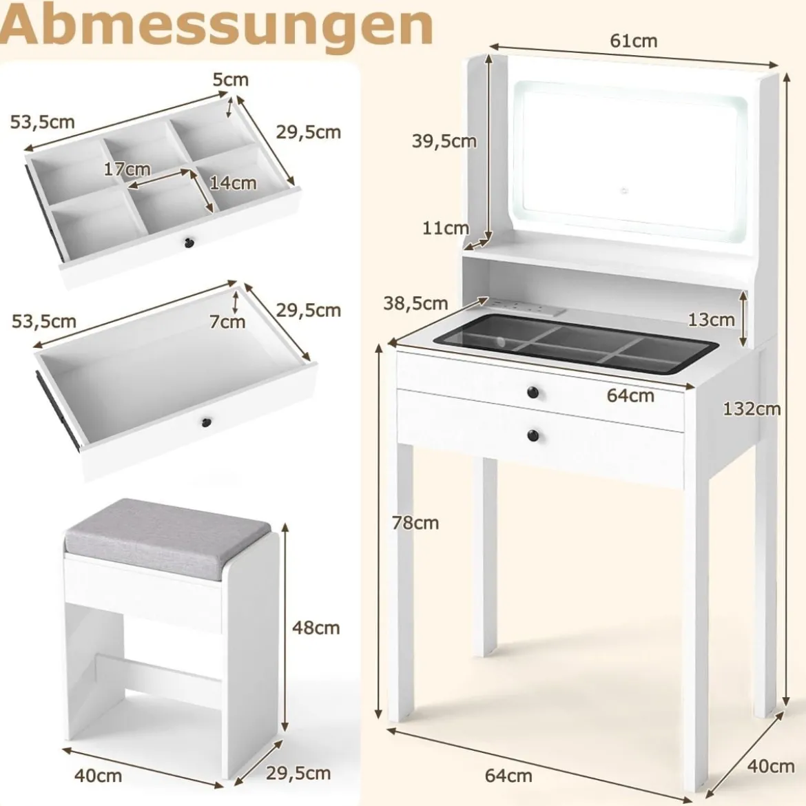 Schminktisch mit Gepolsterter Hocker & Steckdosen & 3 Farbige LED Spiegel Kosmetiktisch