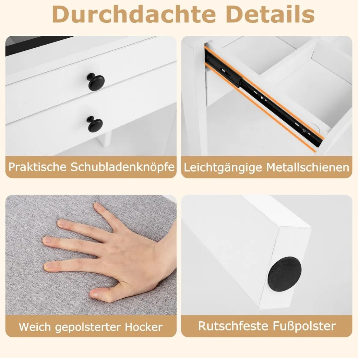 Schminktisch mit Gepolsterter Hocker & Steckdosen & 3 Farbige LED Spiegel Kosmetiktisch