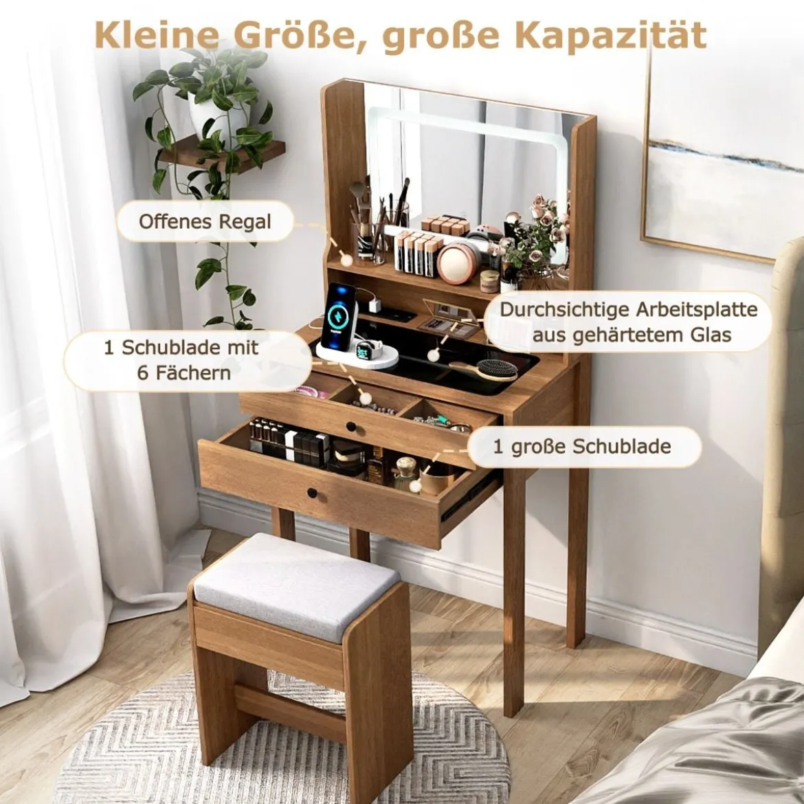 Schminktisch mit Gepolsterter Hocker & Steckdosen & 3 Farbige LED Spiegel Kosmetiktisch