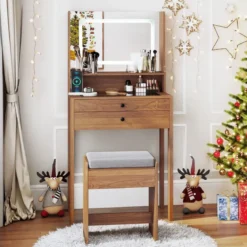 Schminktisch mit Gepolsterter Hocker & Steckdosen & 3 Farbige LED Spiegel Kosmetiktisch