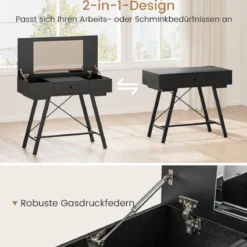 Schminktisch mit Großem Spiegel & Ladestation & Klappdeckel & Schublade Kosmetiktisch Schwarz