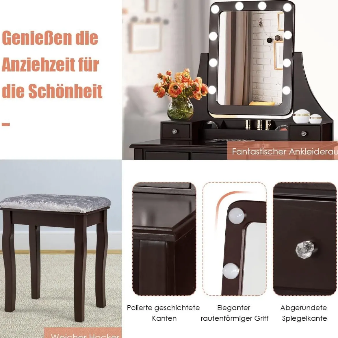 Schminktisch mit Hocker 360° drehbarem Spiegel und 10 dimmbaren LED-Birnen Kosmetiktisch Braun