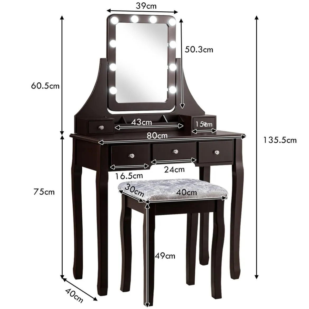 Schminktisch mit Hocker 360° drehbarem Spiegel und 10 dimmbaren LED-Birnen Kosmetiktisch Braun