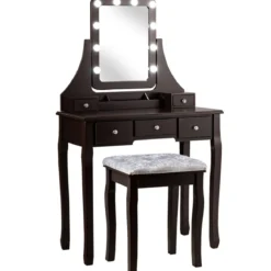 Schminktisch mit Hocker 360° drehbarem Spiegel und 10 dimmbaren LED-Birnen Kosmetiktisch Braun