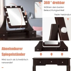 Schminktisch mit Hocker 360° drehbarem Spiegel und 10 dimmbaren LED-Birnen Kosmetiktisch Braun